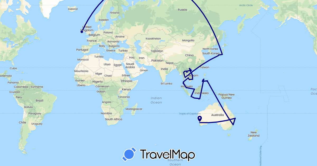 TravelMap itinerary: driving in Australia, Indonesia, Ireland, Japan, Cambodia, Laos, Malaysia, Philippines, Thailand, Vietnam (Asia, Europe, Oceania)
